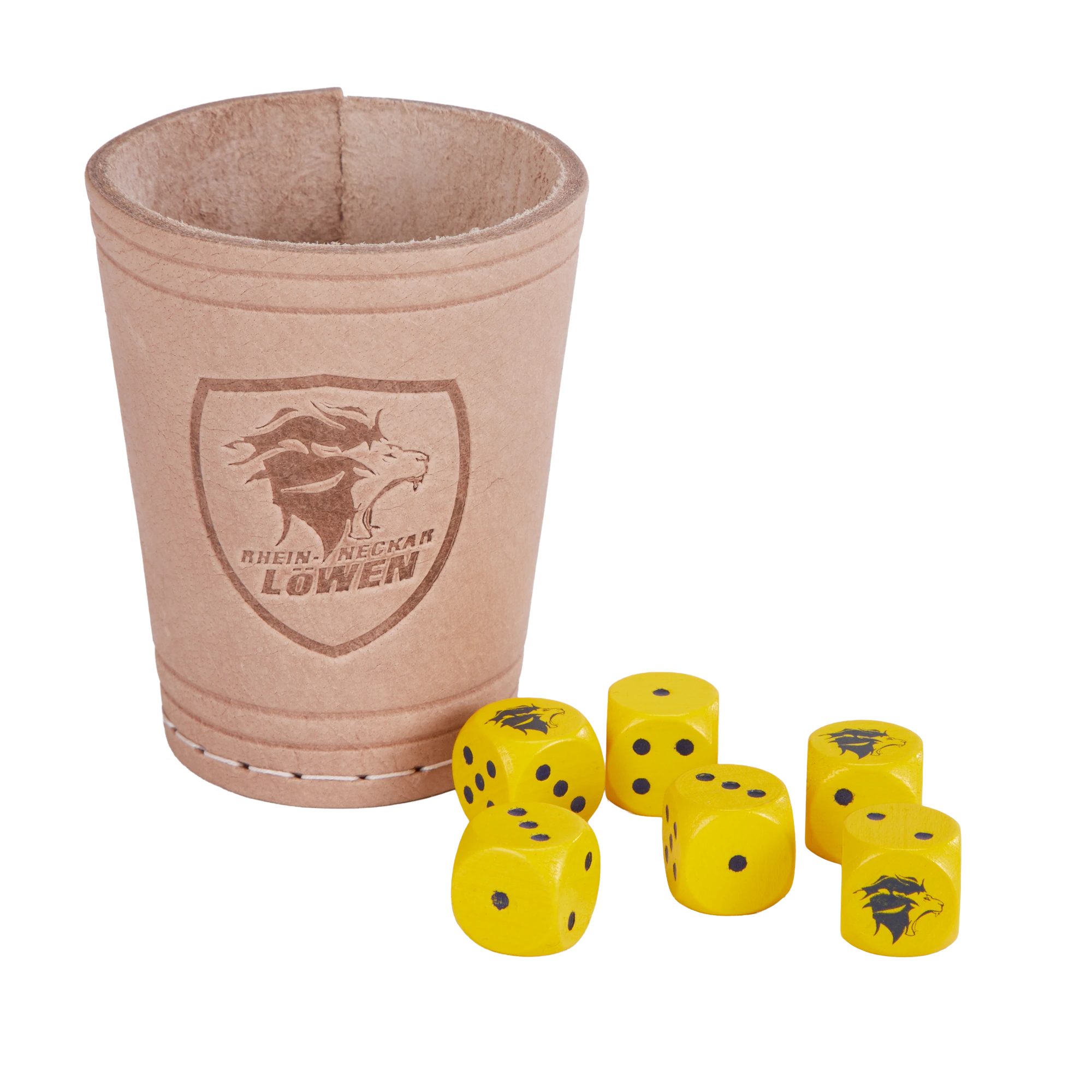 Würfelbecher mit 6 Löwen-Würfeln